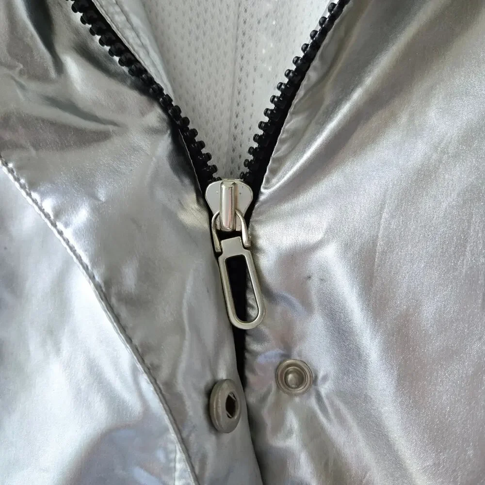 SJYP Silver Long Metallic Raincoat Hooded Womens Size Medium Korean Brand Edgy